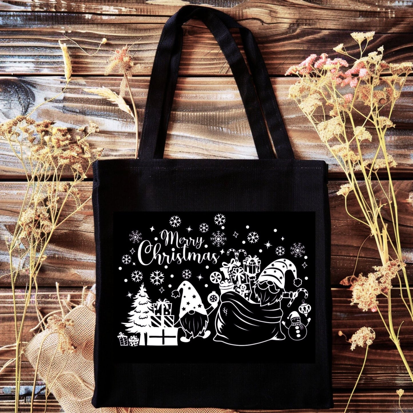 White Christmas Gonk / Gnome scene On A Black Tote Bag