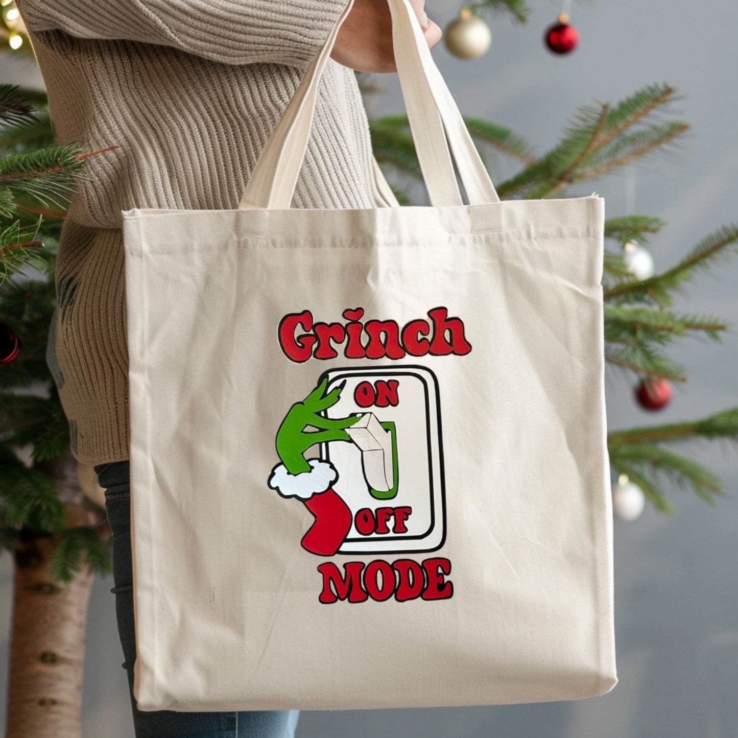 Christmas Grinch Mode On Tote Bag in Red & White