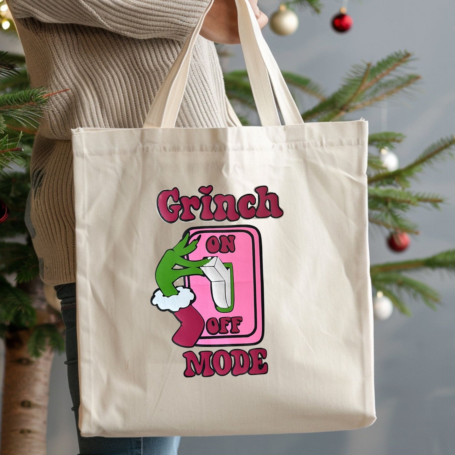 Christmas Grinch Mode On Tote Bag in Two Tone Pink