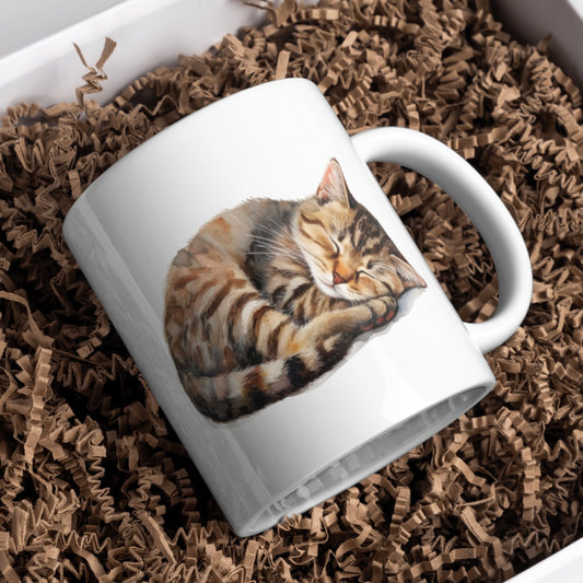 Curled Up Tabby Cat 11oz White Mug, Great Gift Idea. - Cute Customs by J & C