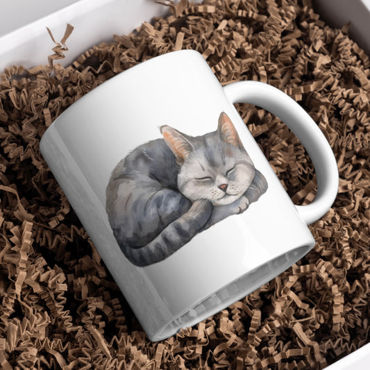 Cute Grey Cat 11oz White Mug, Great Gift Idea. - Cute Customs by J & C