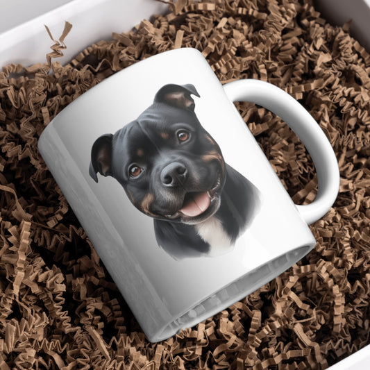 Black Staffordshire Bull Terrier (staffy) 11oz White Mug, Perfect Gift Idea As It Comes Boxed. - Cute Customs by J & C