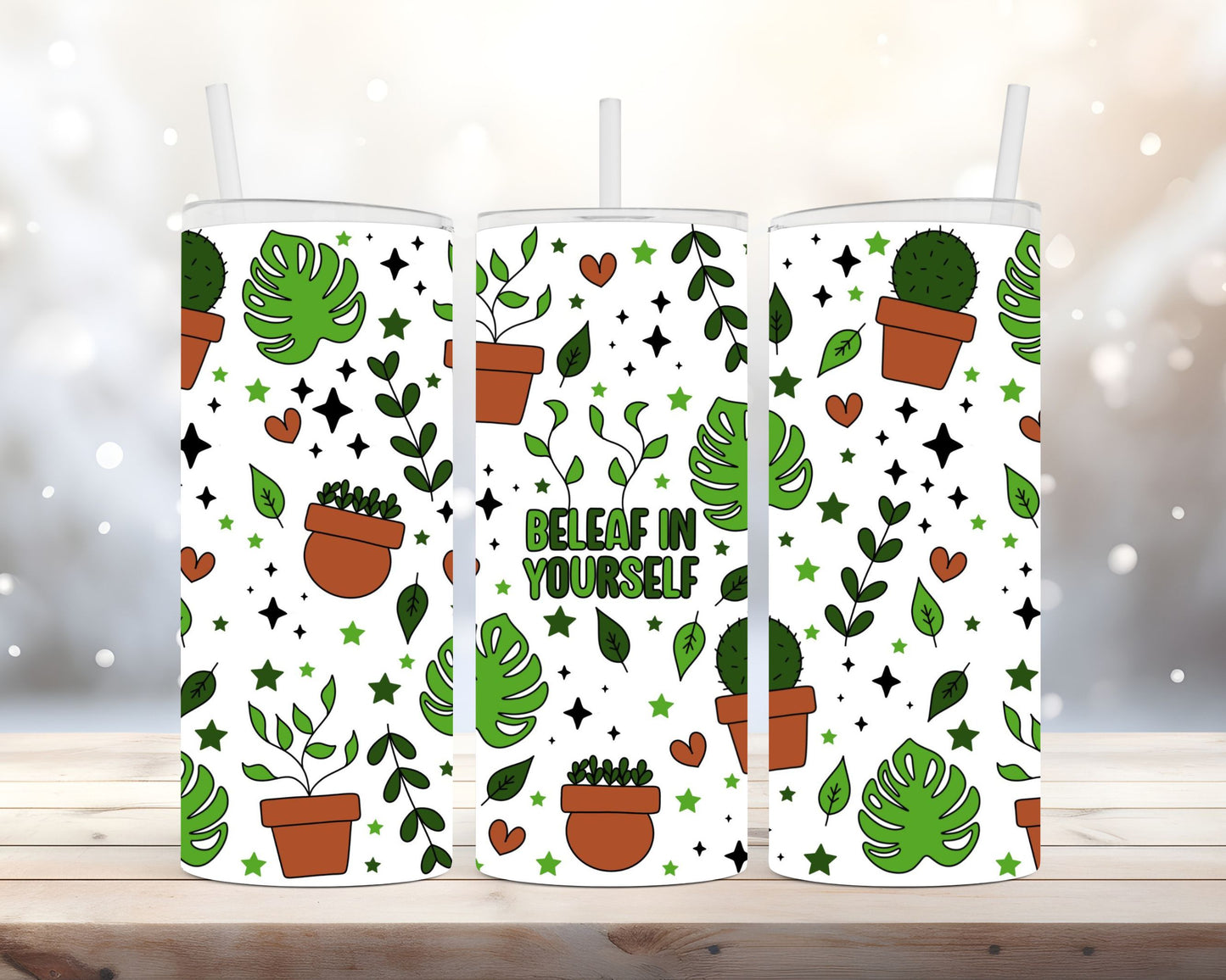 Beleaf In Yourself Leaf Design 15oz Themal Tumbler with Straw