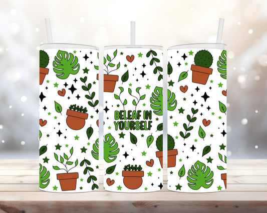 Beleaf In Yourself Leaf Design 15oz Themal Tumbler with Straw