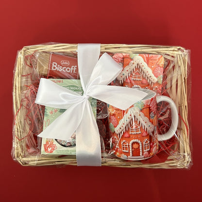 Christmas Gingerbread Design Mug Gift Basket Set Also Includes Coaster, Hot Chocolate and Biscuit