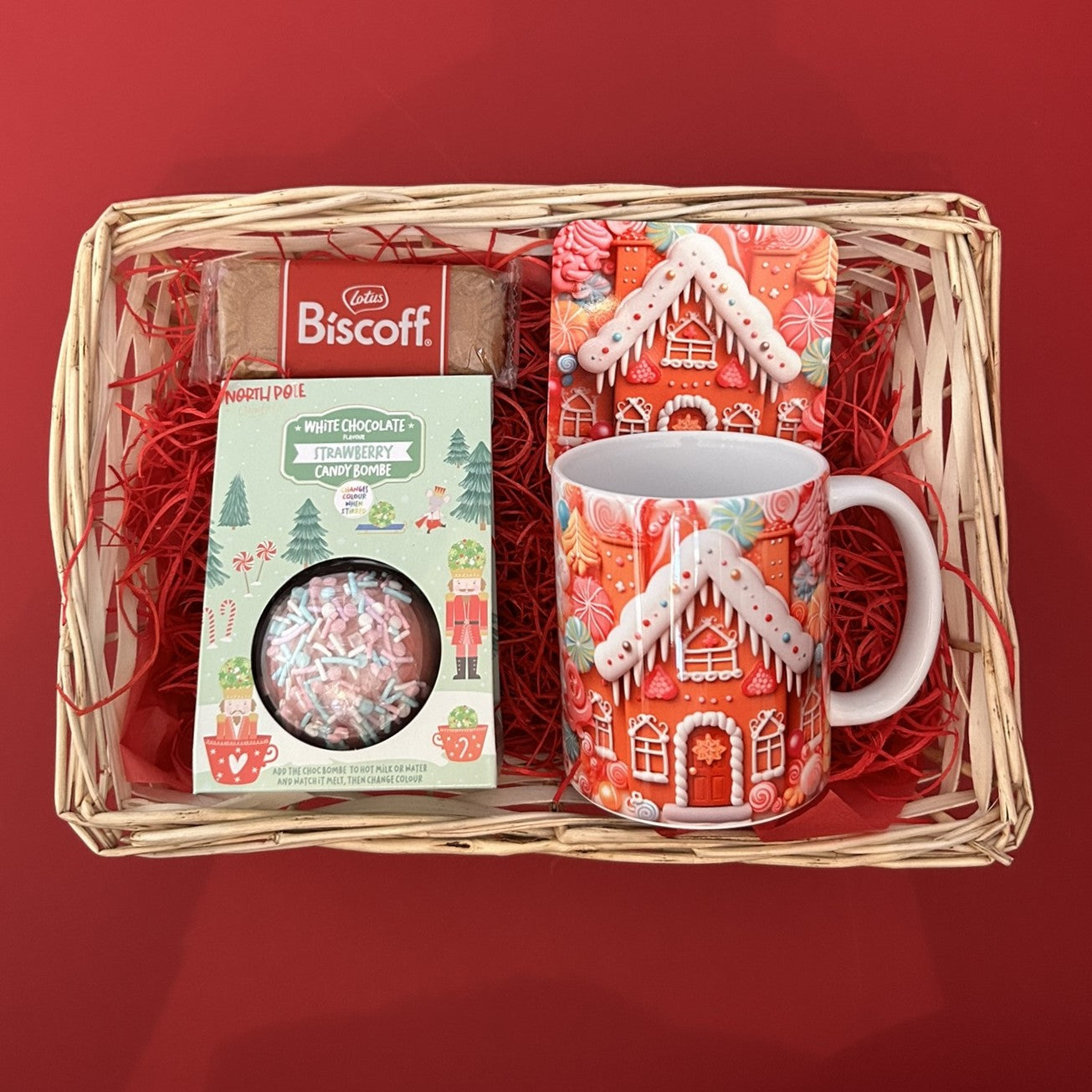 Christmas Gingerbread Design Mug Gift Basket Set Also Includes Coaster, Hot Chocolate and Biscuit