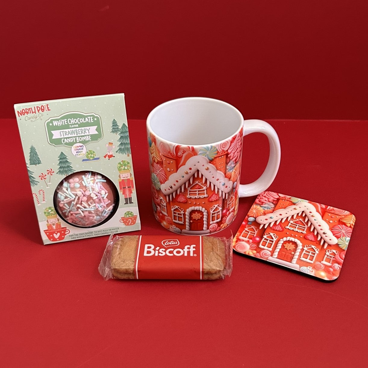 Christmas Gingerbread Design Mug Gift Basket Set Also Includes Coaster, Hot Chocolate and Biscuit