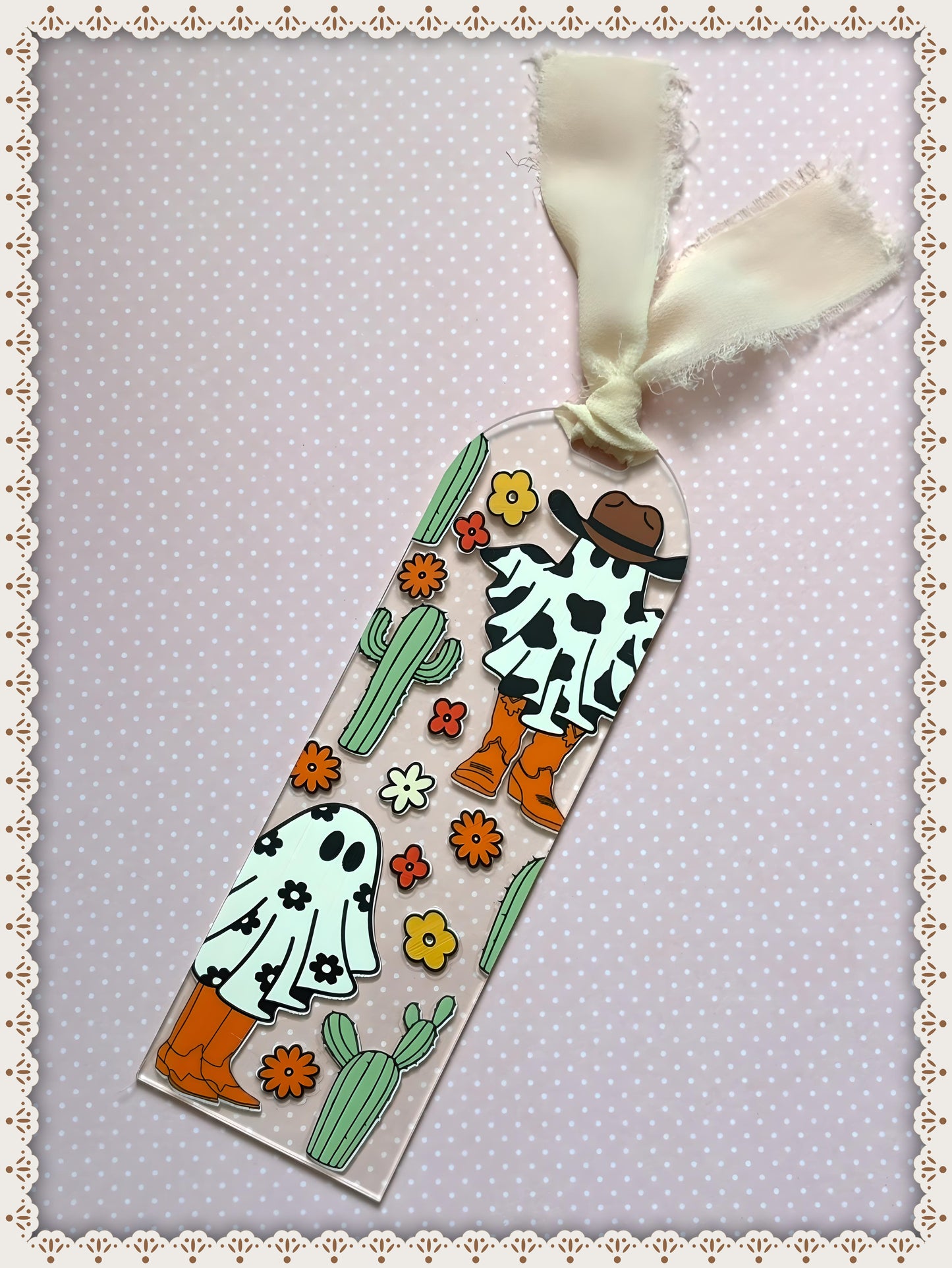 Halloween Cow Print Cowboy Ghost Book Mark with Ribbon