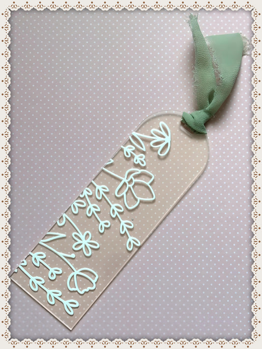 White Floral Print Book Mark with Ribbon