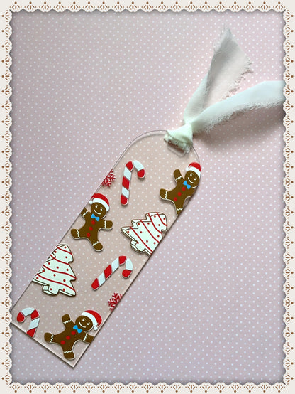 Cute Gingerbread Men and Candy Canes Christmas Book Mark with Ribbon