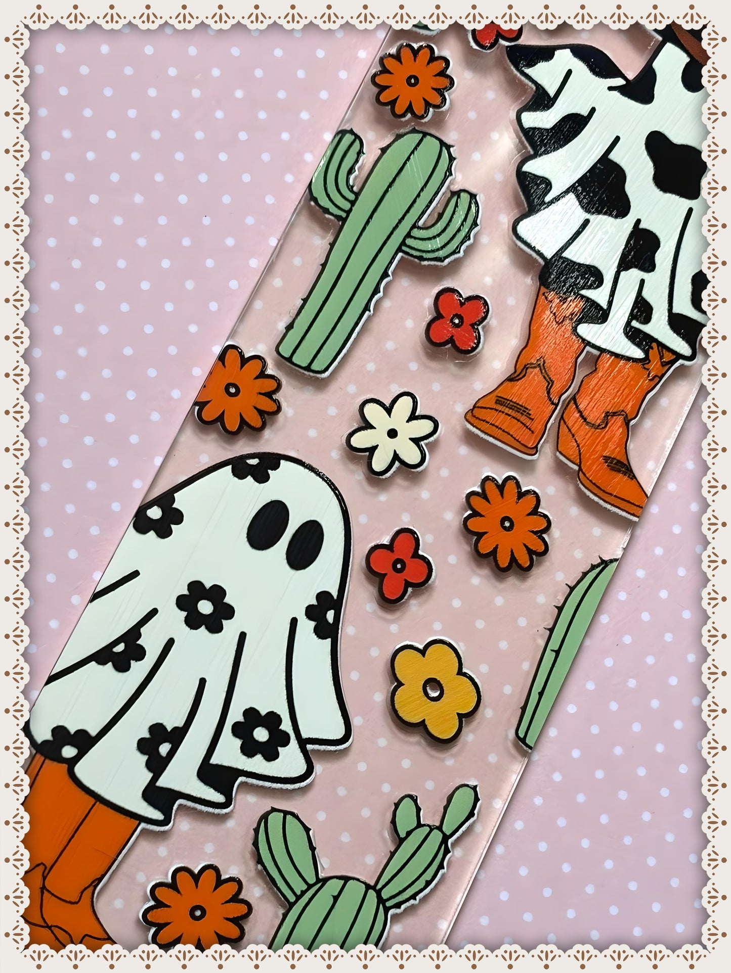 Halloween Cow Print Cowboy Ghost Book Mark with Ribbon