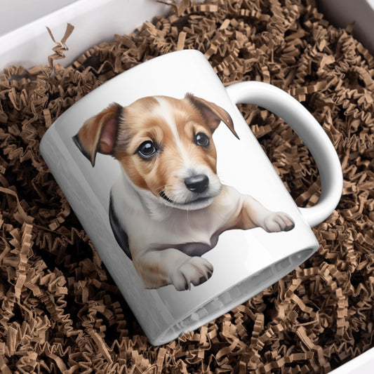 Jack Russell Laying Dog 11oz White Mug, Perfect Gift Idea As It Comes Boxed. - Cute Customs by J & C