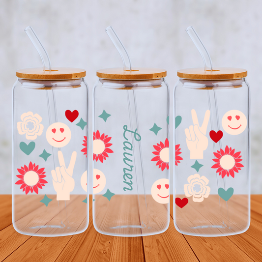 Personalised Flowers and Emojis 20oz Libbey Glass Can with Bamboo lid and Straw