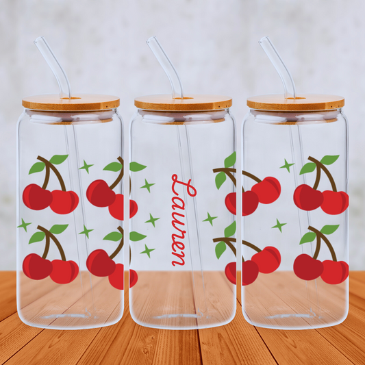 Personalised Cherries 20oz Libbey Glass Can with Bamboo lid and Straw