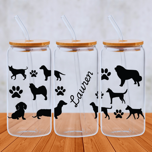 Personalised Dog 20oz Libbey Glass Can with Bamboo lid and Straw