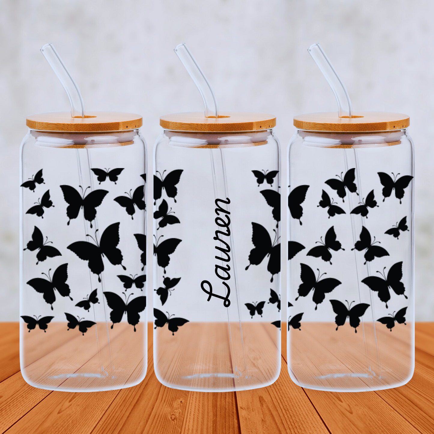 Personalised Butterfly 20oz Libbey Glass Can with Bamboo lid and Straw