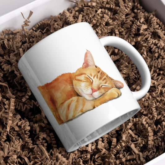 Sleeping Ginger Tabby Cat 11oz White Mug, Great Gift Idea. - Cute Customs by J & C