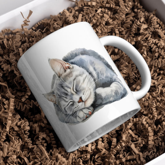 Sleeping Grey Cat 11oz White Mug, Great Gift Idea. - Cute Customs by J & C