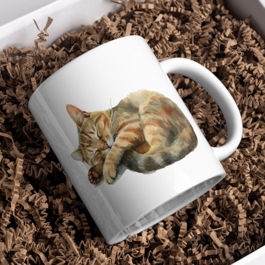 Sleeping Tabby Cat 11oz White Mug, Great Gift Idea. - Cute Customs by J & C