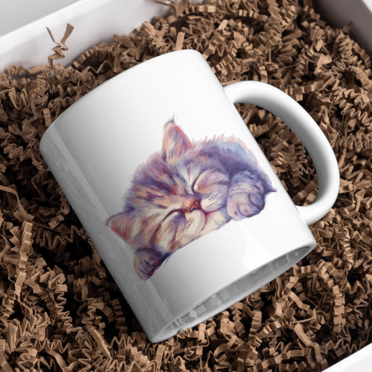 Sleeping Tabby / Tortoiseshell Cat 11oz White Mug, Great Gift Idea. - Cute Customs by J & C