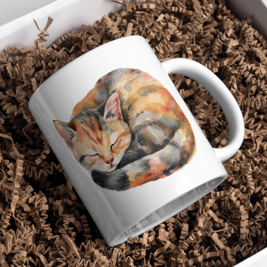 Tortoiseshell Curled Up Cat 11oz White Mug, Great Gift Idea. - Cute Customs by J & C