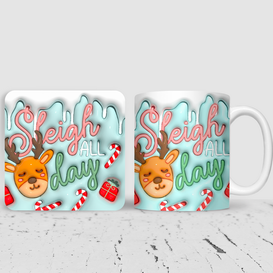 Blue Sleigh All Day Inflated 3D Effect Christmas Mug & Coaster Gift Set.