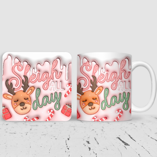 Pink Sleigh All Day Inflated 3D Effect Christmas Mug & Coaster Gift Set