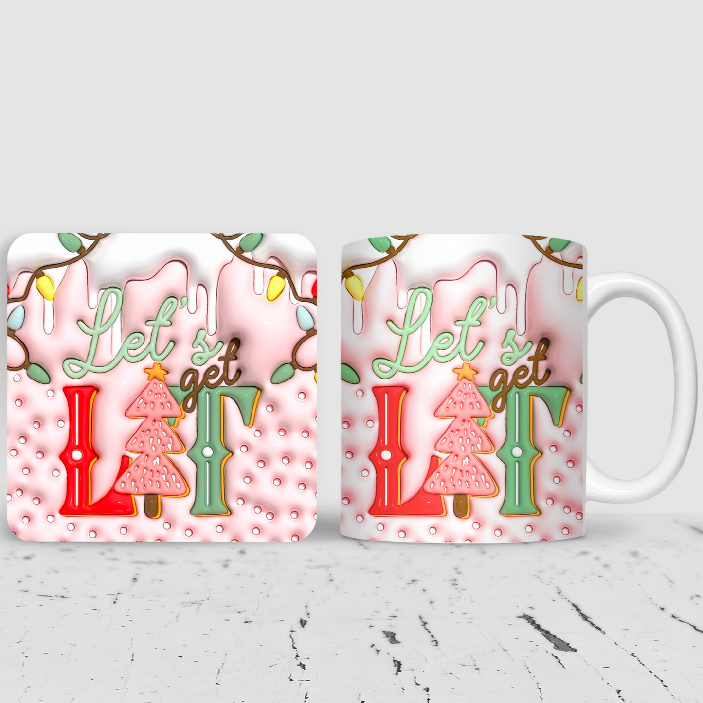 Lets Get Lit Pink Inflated 3D Effect Christmas Mug & Coaster Gift Set