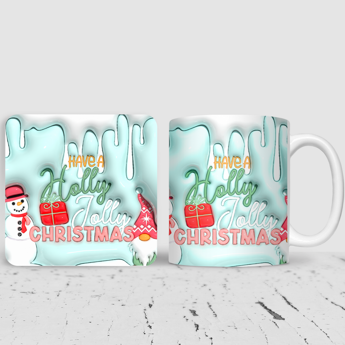 Blue Have a Holly Jolly Christmas Inflated Effect 3D Christmas Mug & Coaster Gift Set