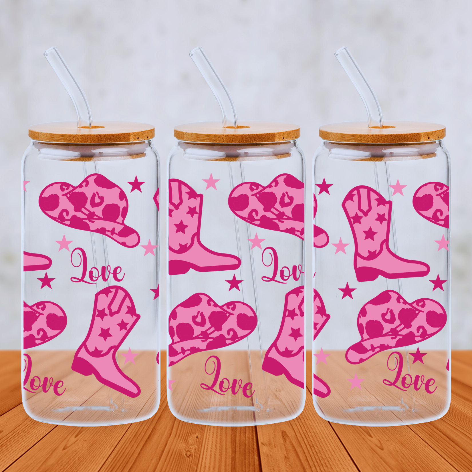 Howdy Cowgirl / Cowboy Hot Pink & Pink 20oz Libbey Glass Can with Bamboo lid and Straw - Cute Customs by J & C