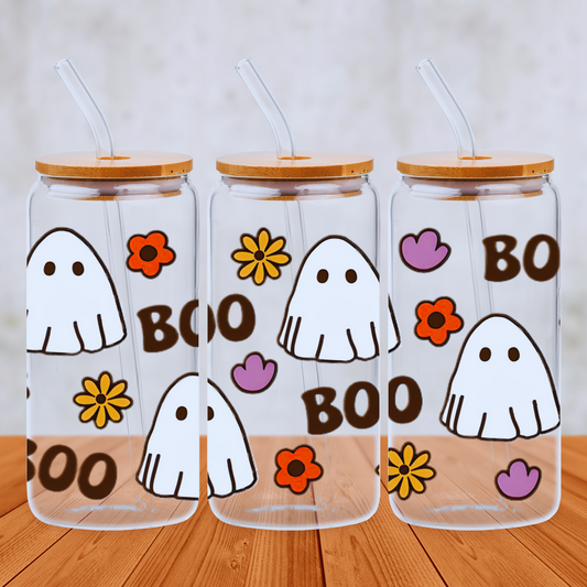 Boo Ghost 20oz Libbey Glass Can with Bamboo lid and Straw