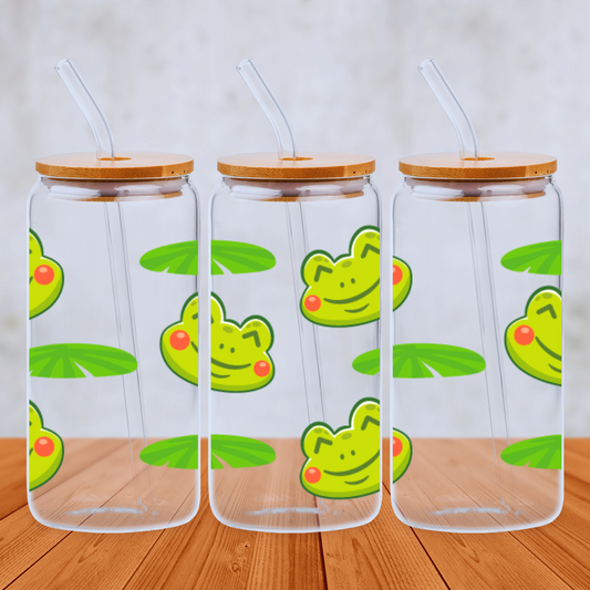 Happy Frogs and Lily Pads 20oz Libbey Glass Can with Bamboo lid and Straw - Cute Customs by J & C