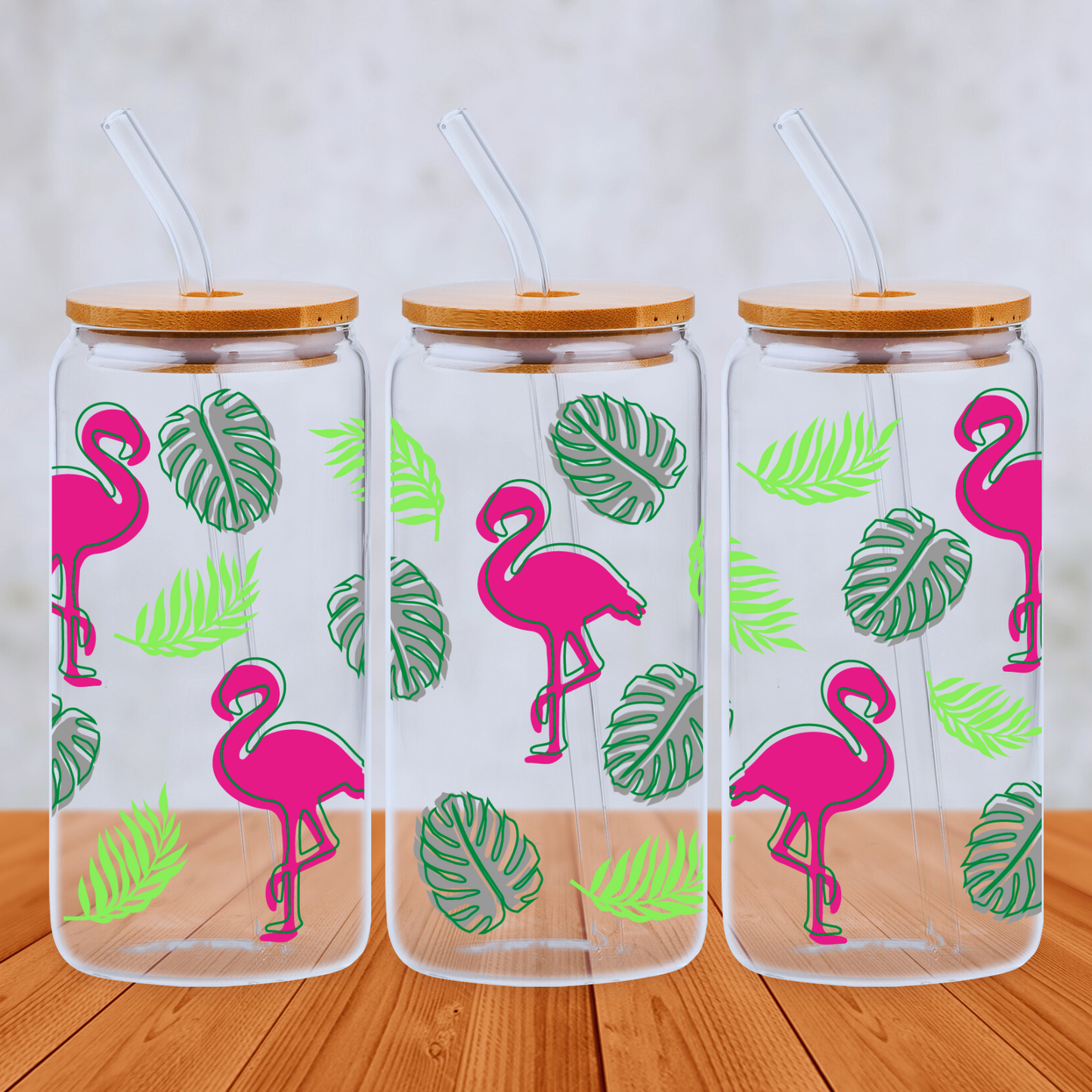 Hot Pink Flamingos 20oz Libbey Glass Can with Bamboo lid and Straw - Cute Customs by J & C