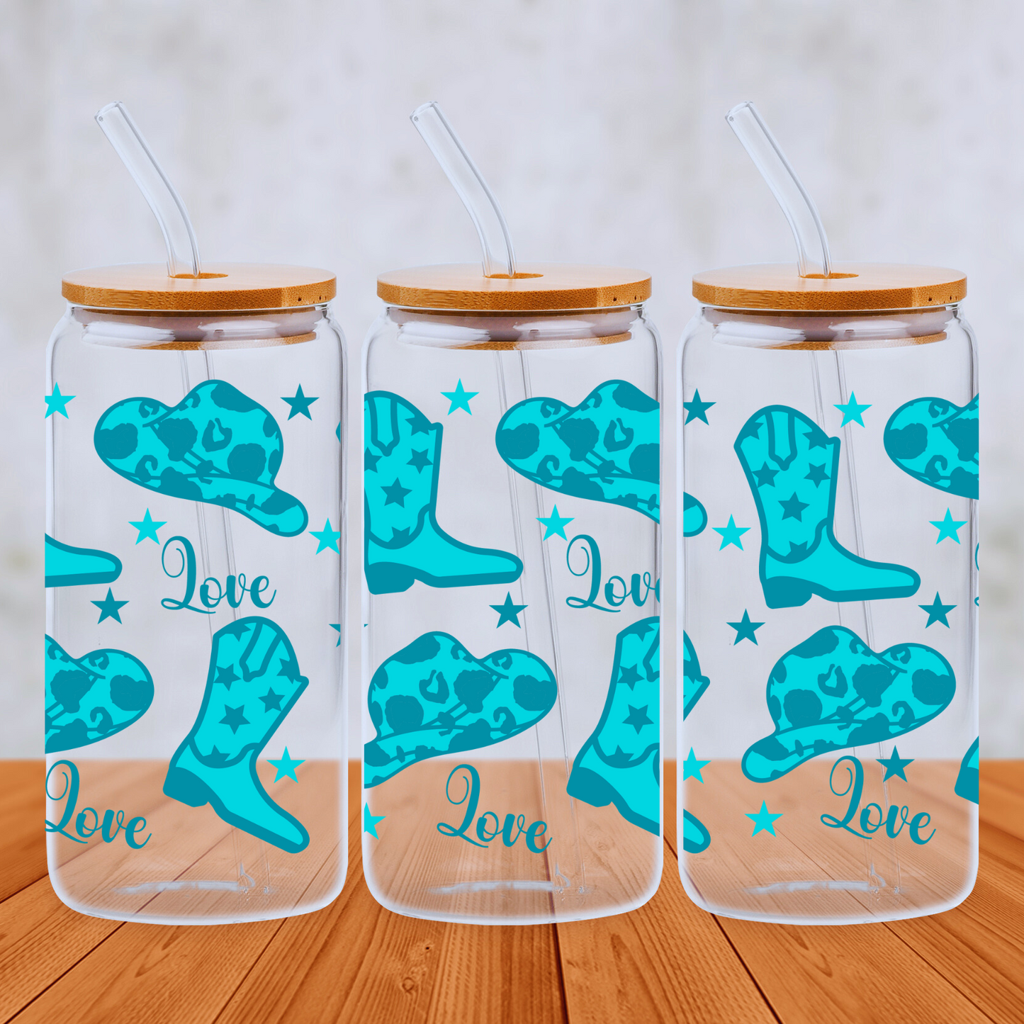 Howdy Cowgirl / Cowboy Teal & Turquoise 20oz Libbey Glass Can with Bamboo lid and Straw - Cute Customs by J & C