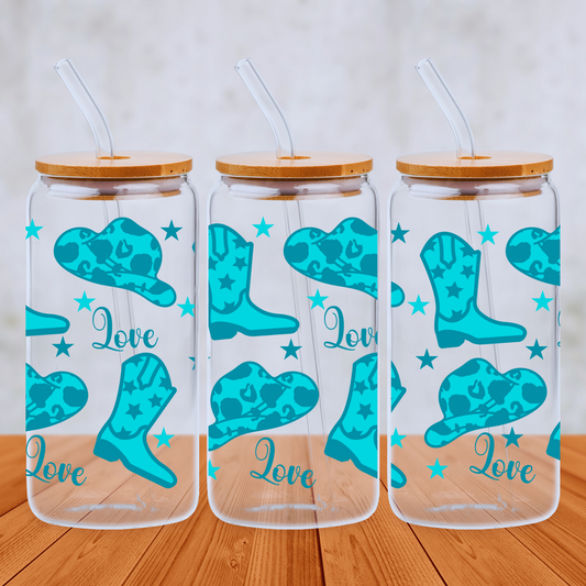 Howdy Cowgirl / Cowboy Teal & Turquoise 20oz Libbey Glass Can with Bamboo lid and Straw - Cute Customs by J & C