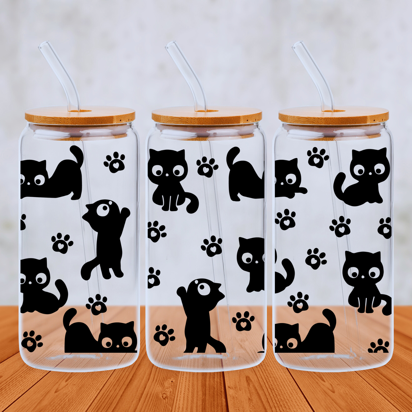 Black Cats and Paw Prints 20oz Libbey Glass Can with Bamboo lid and Straw - Cute Customs by J & C