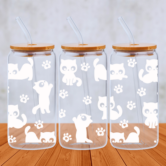 White Cats and Paw Prints 20oz Libbey Glass Can with Bamboo lid and Straw - Cute Customs by J & C