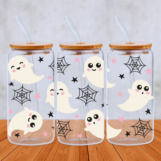 Super Cute Ghosts and Spider Webs 20oz Libbey Glass Can with Bamboo lid and Straw