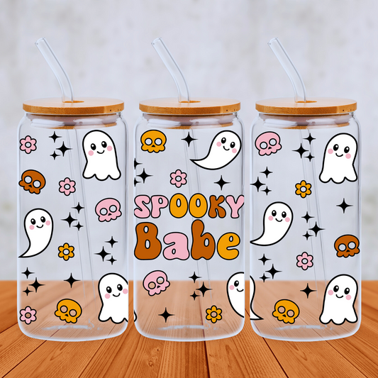 Spooky Babe Ghosts & Skulls 20oz Libbey Glass Can with Bamboo lid and Straw