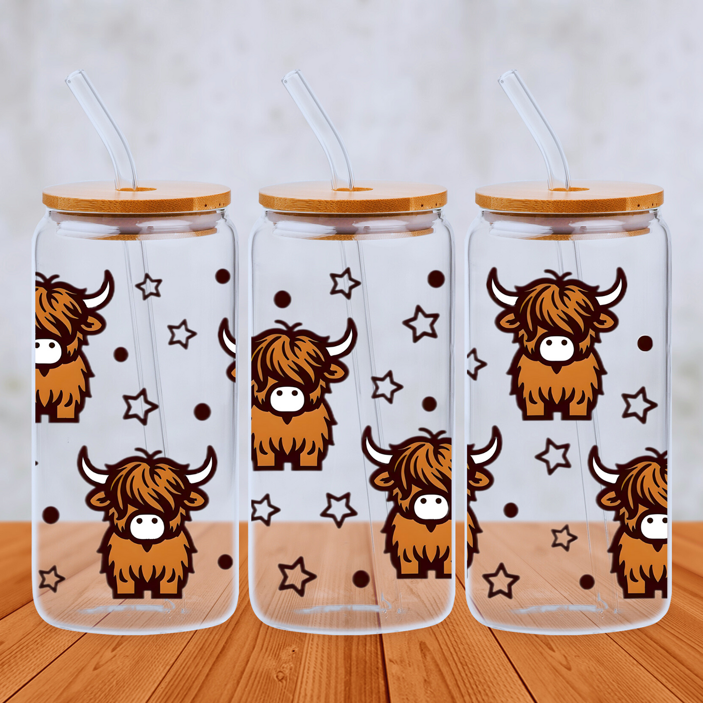 Highland Cow and Stars 20oz Libbey Glass Can with Bamboo lid and Straw - Cute Customs by J & C