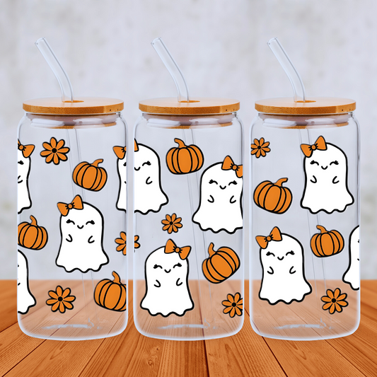 Pumpkins And Ghosts 20oz Libbey Glass Can with Bamboo lid and Straw