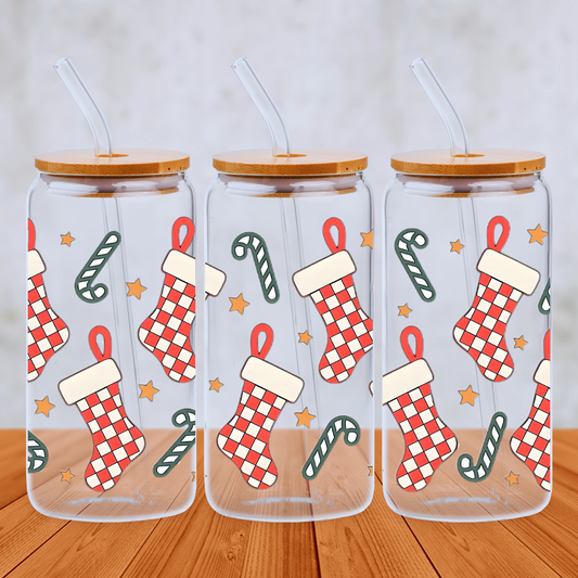 Christmas Stockings and Candy Canes 20oz Glass Can with Bamboo lid and Straw