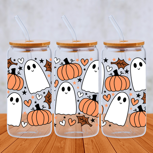 Pumpkins, Ghosts and Hearts 20oz Libbey Glass Can with Bamboo lid and Straw