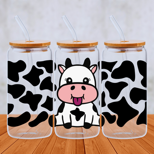 Cute Baby Cow Print 20oz Libbey Glass Can with Bamboo lid and Straw - Cute Customs by J & C