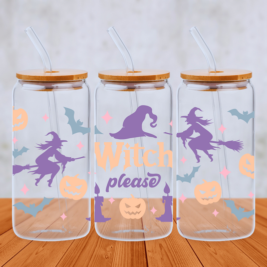 Witch Please Halloween 20oz Libbey Glass Can with Bamboo lid and Straw