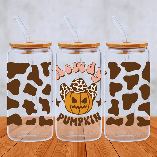 Howdy Cowboy / Girl Pumpkin and Cow Print 20oz Libbey Glass Can with Bamboo lid and Straw