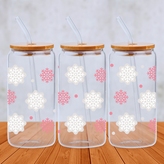 Pink and Cream Snowflake Design 20oz Libbey Glass Can with Bamboo lid and Straw