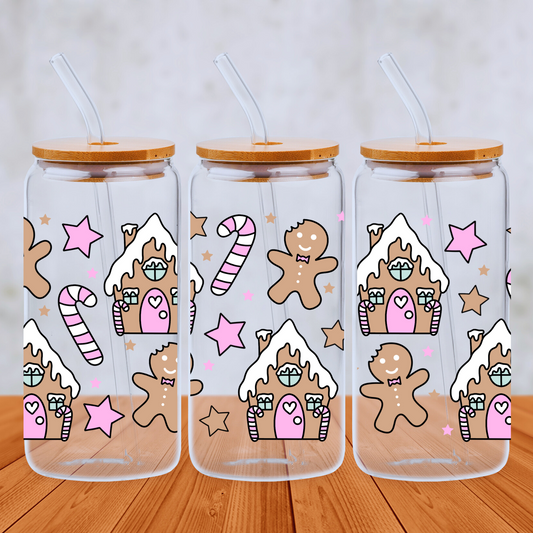 Pink Gingerbread House with Candy Canes Design 20oz Libbey Glass Can with Bamboo lid and Straw