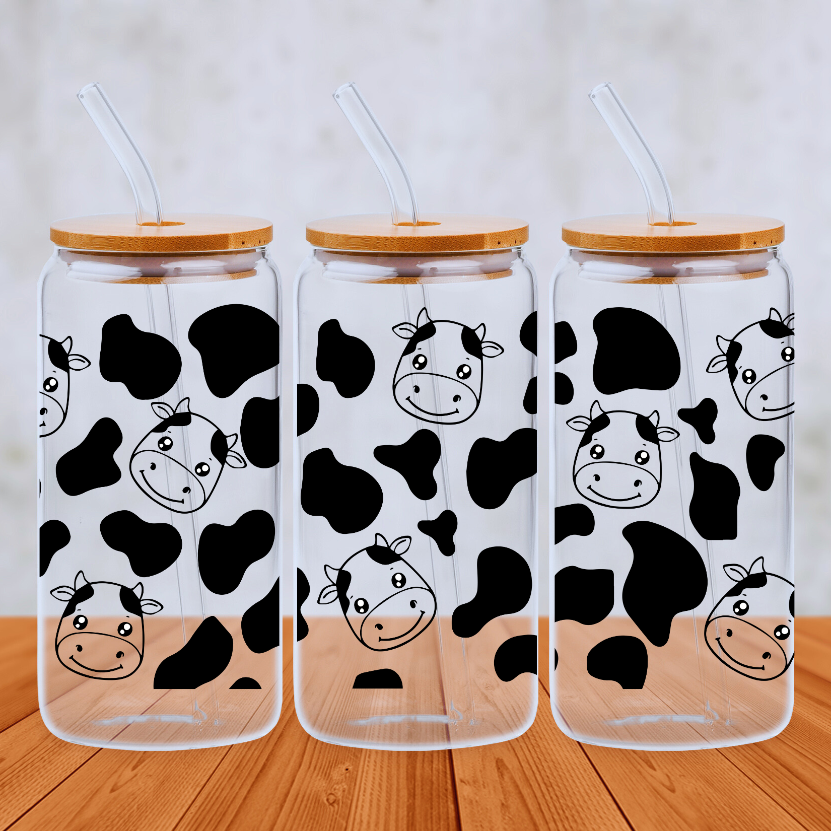 Cow Print 20oz Libbey Glass Can with Bamboo lid and Straw - Cute Customs by J & C