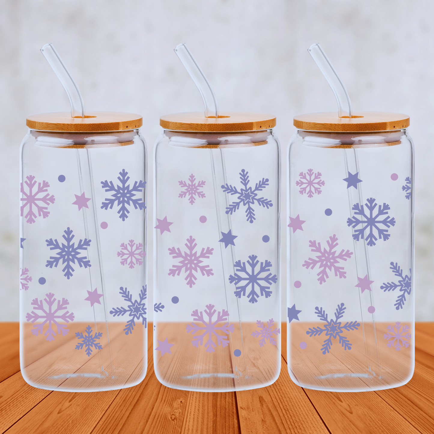 Purple and Lilac Snowflake Design 20oz Libbey Glass Can with Bamboo lid and Straw